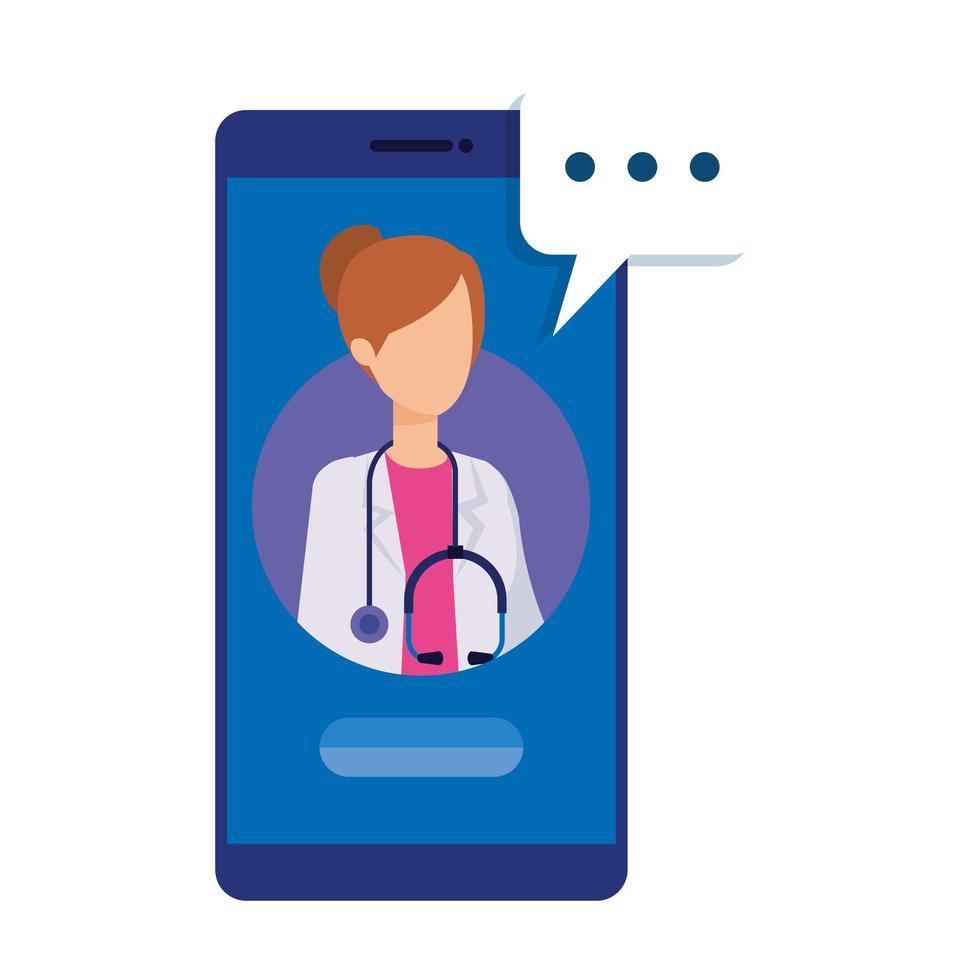 Medicina en línea con médico en el teléfono inteligente. vector