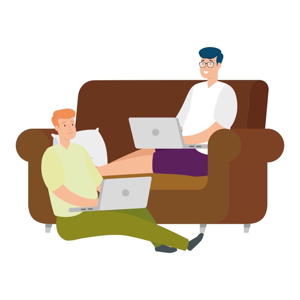 Men working with their laptops on the couch vector