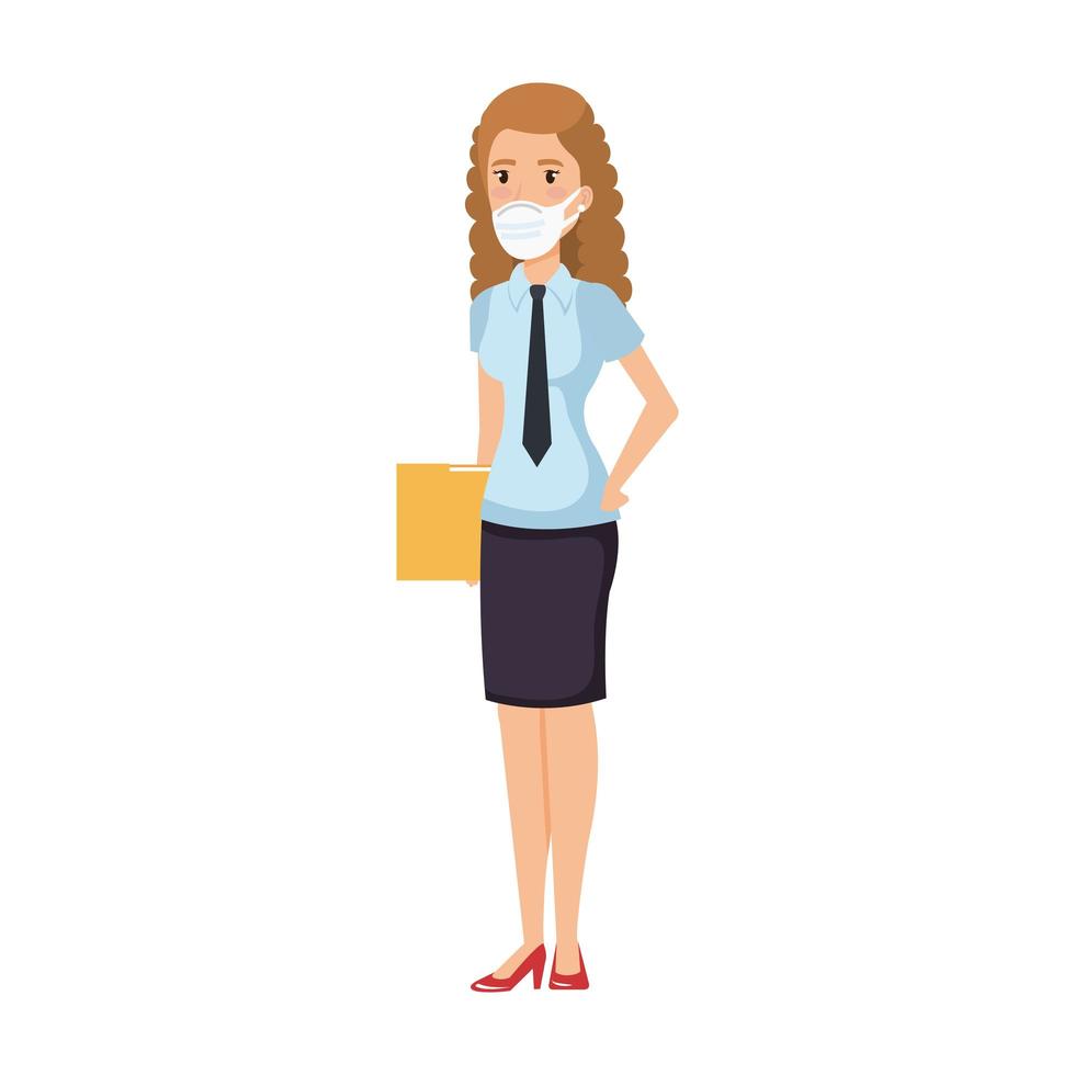 businesswoman with folder and face mask isolated icon vector