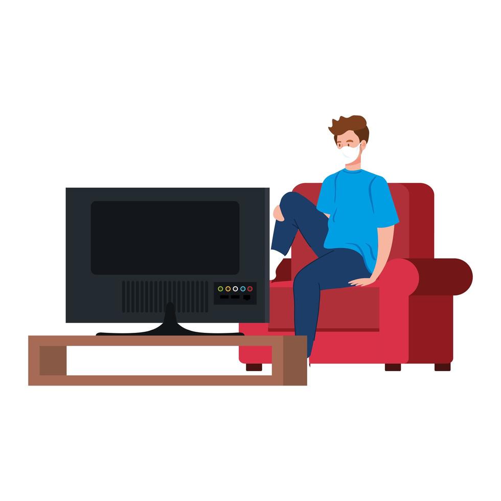 Quédate en casa campaña con el hombre viendo la televisión. vector