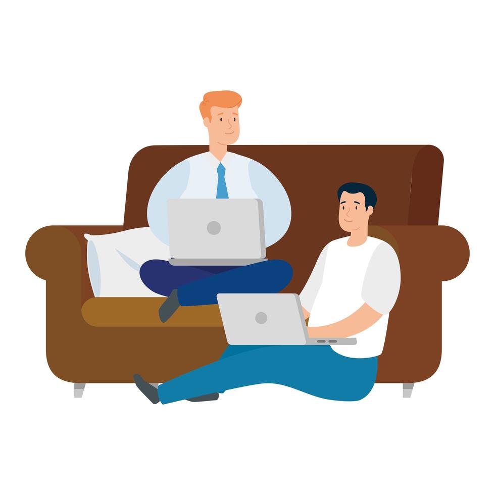 Men working with their laptops on the couch vector