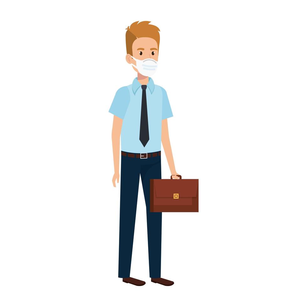 businessman with suitcase and face mask isolated icon vector