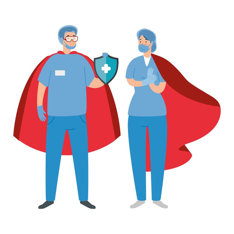 Health care workers wearing face masks as super heroes vector