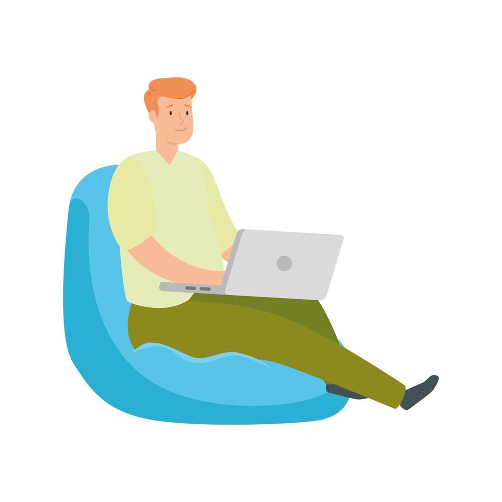 Man on a bean bag working with his laptop vector