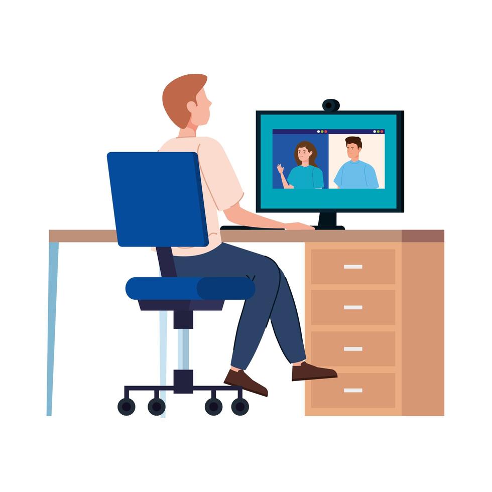 Man in a video conference in the workplace vector