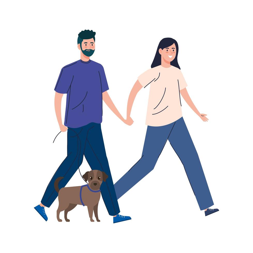 pareja paseando a su perro juntos vector