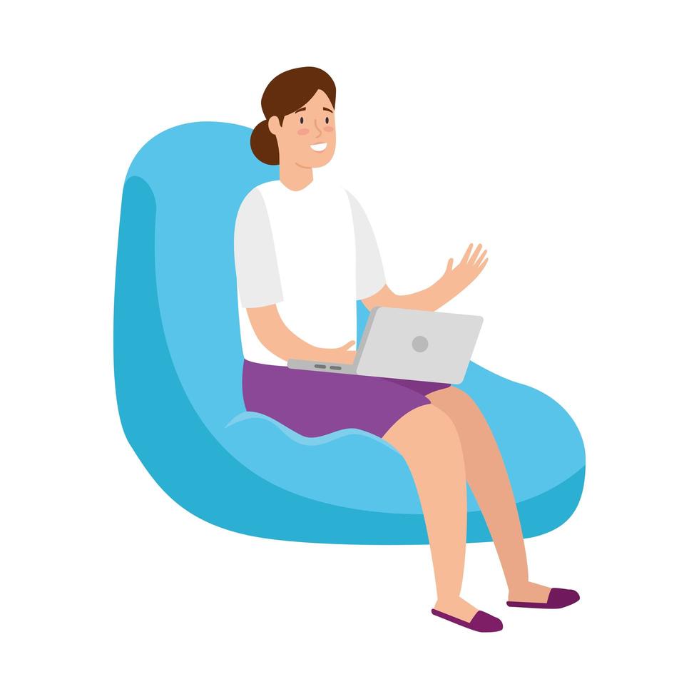 Woman on a bean bag working with her laptop vector