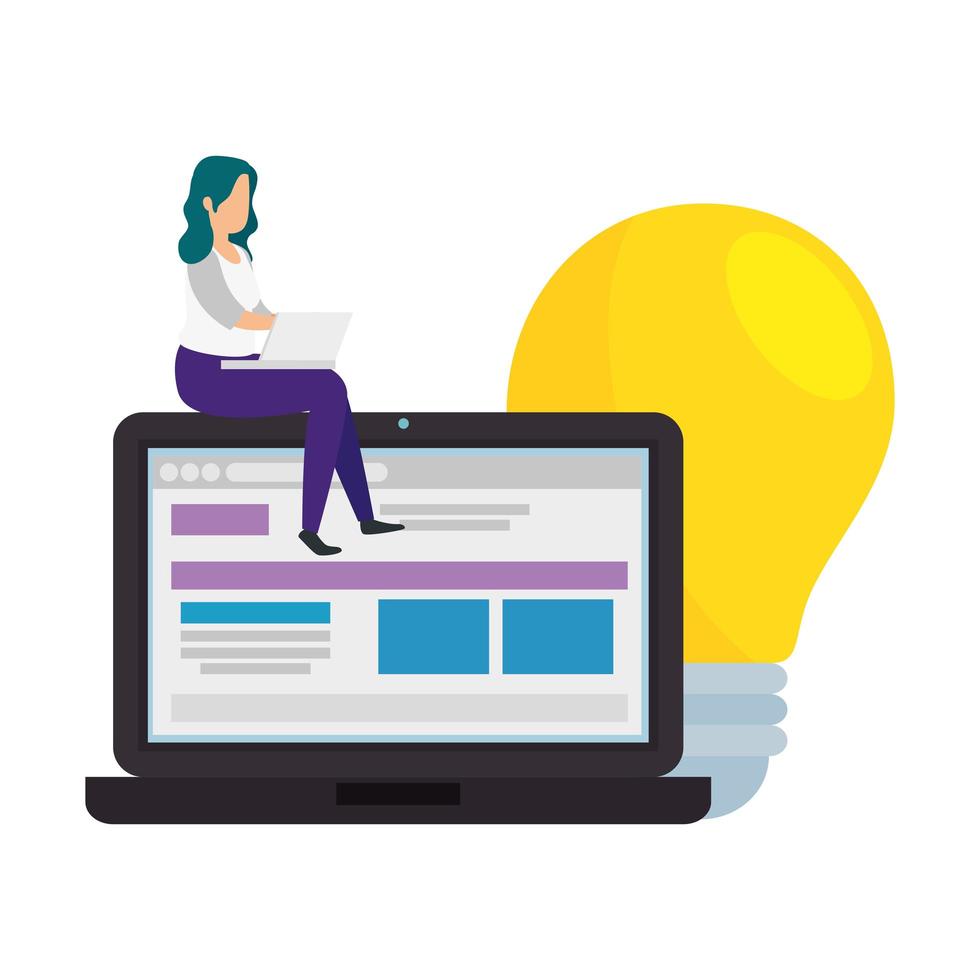 woman with laptop and light bulb vector