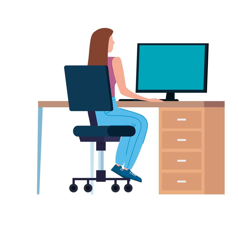 Woman working on the computer in the workplace vector