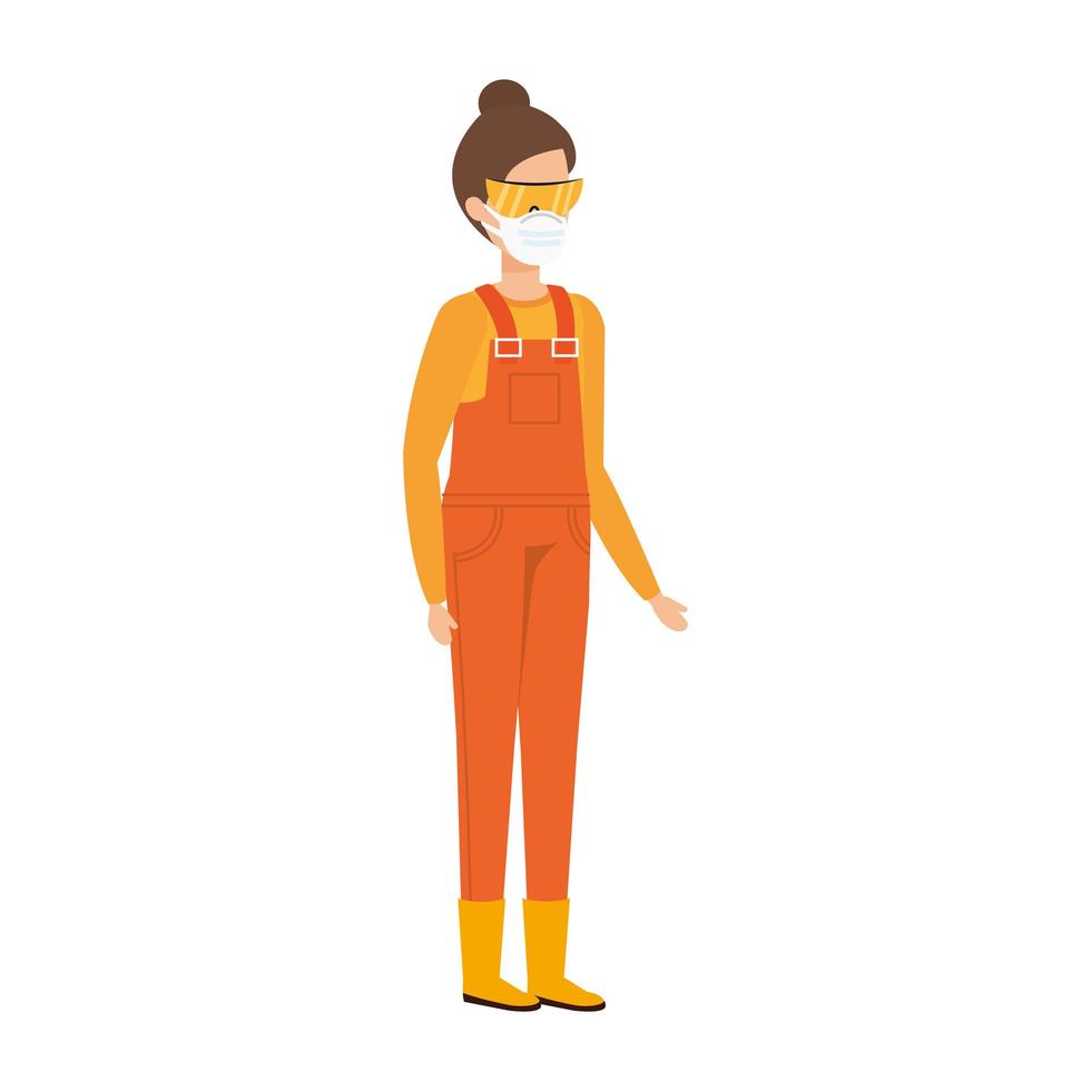 young woman with overalls uniform and a face mask vector