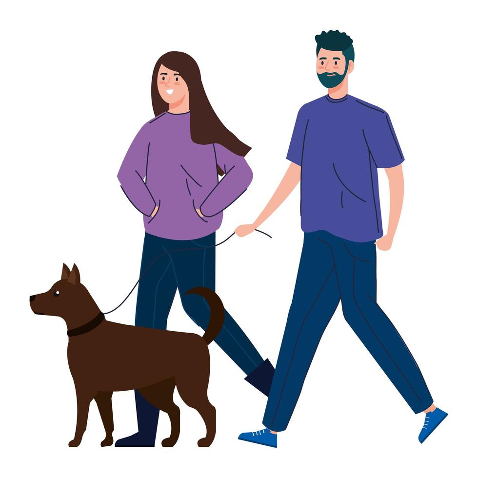 pareja paseando a su perro juntos vector