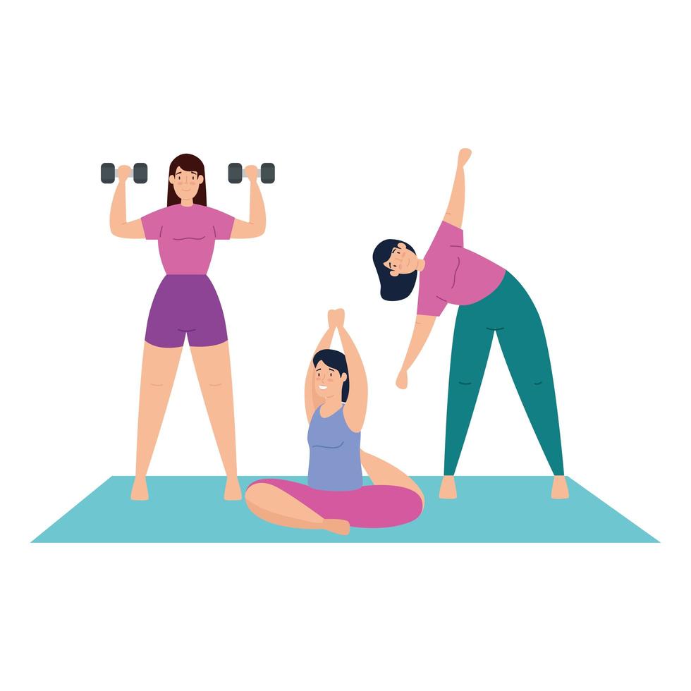 mujeres haciendo ejercicio y haciendo yoga juntas vector