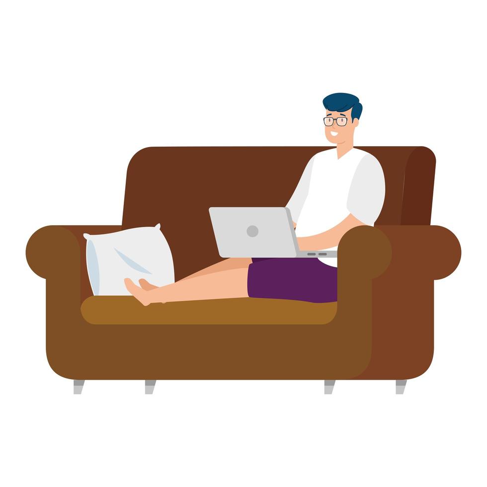 Man working with his laptop on the couch vector