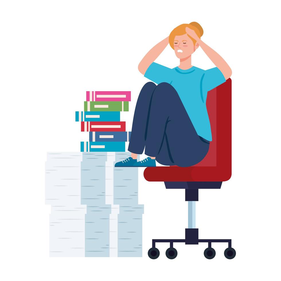 Nervous woman sitting on a chair with a lot of work to do vector