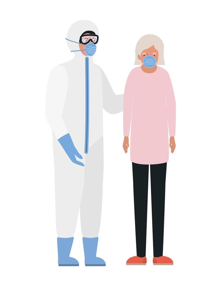 Elder woman with mask and doctor with protective suit against Covid 19 design vector