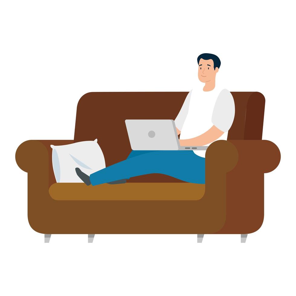 hombre trabajando con su computadora portátil en el sofá vector