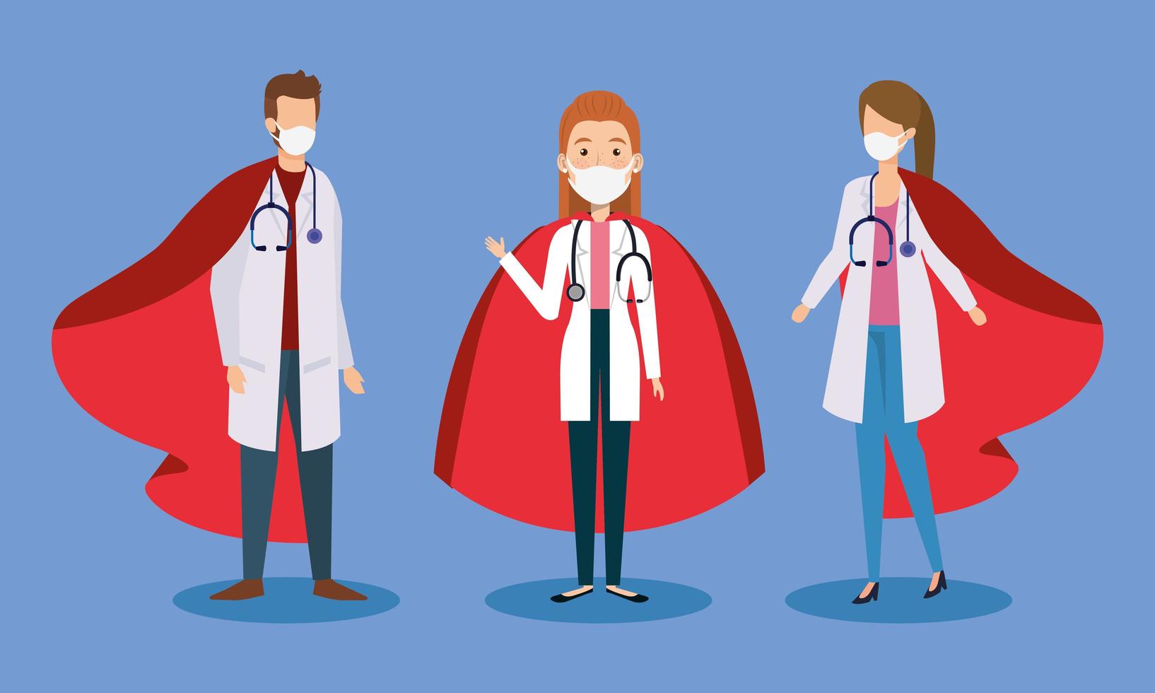 Doctors wearing face masks as super heroes vector