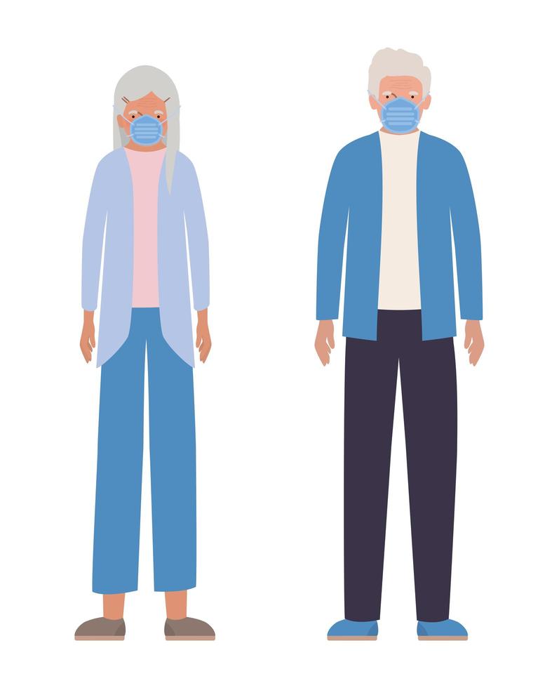 Elder woman and man with masks against Covid 19 design vector