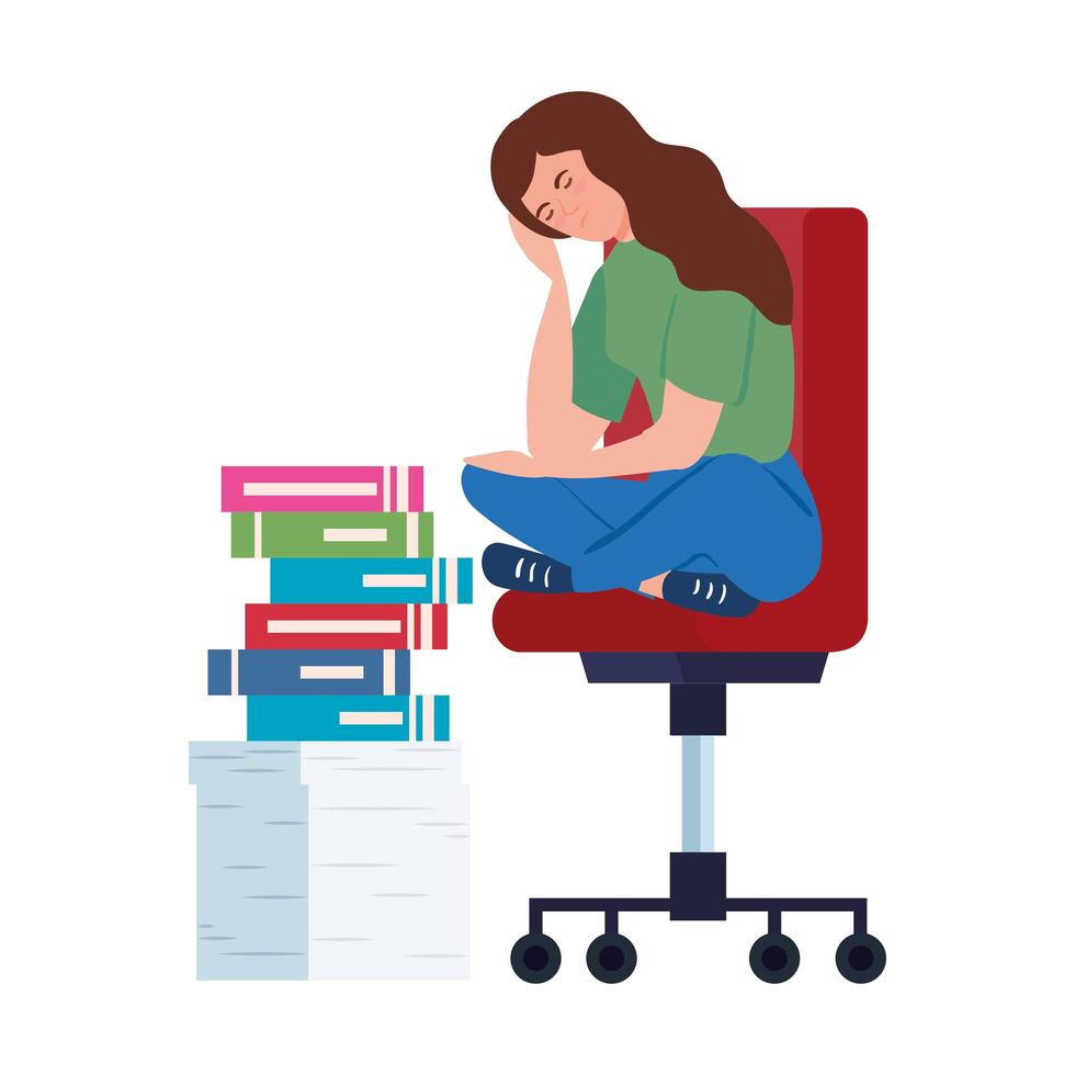 Nervous woman sitting on a chair with a lot of work to do vector