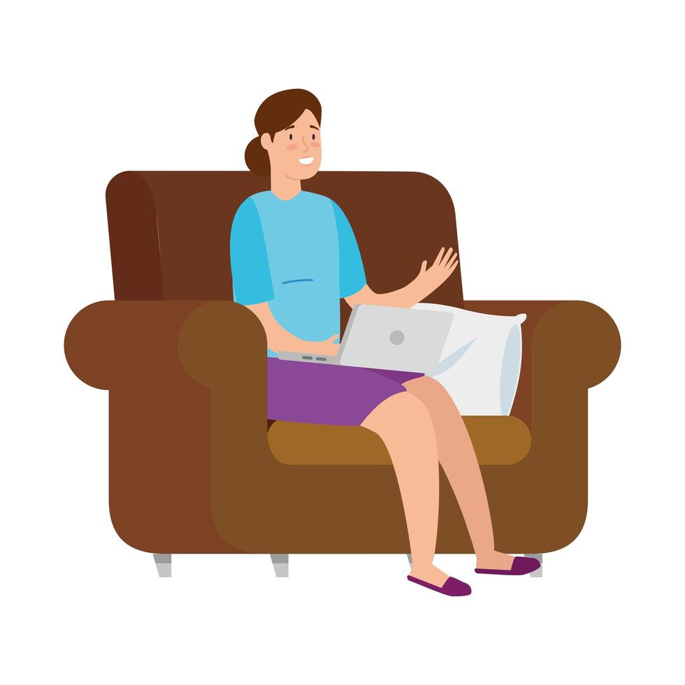 Woman working with her laptop on the couch vector