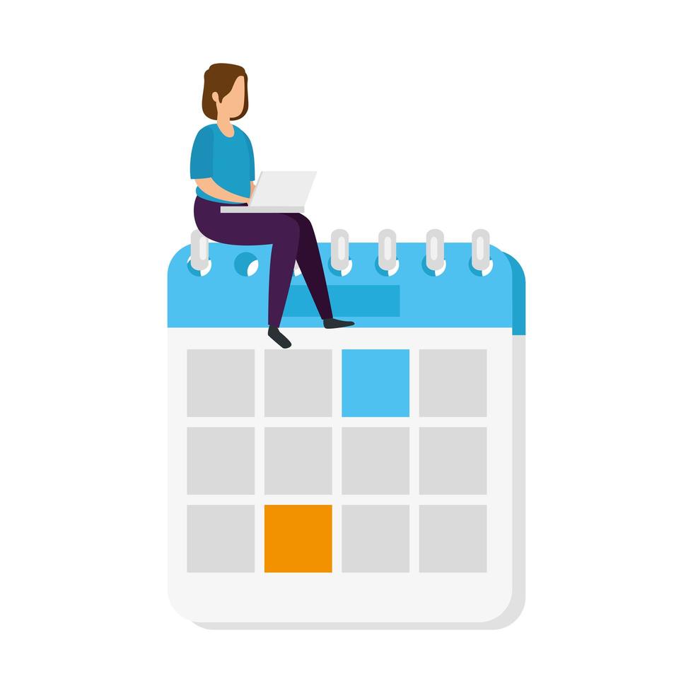 Woman with a laptop sitting on a calendar vector