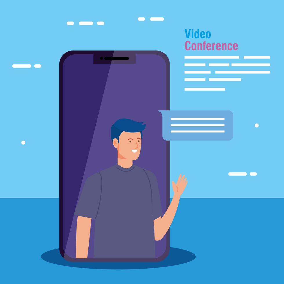 Man in a video conference via smartphone vector