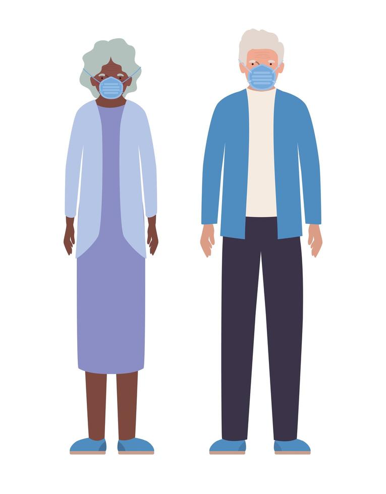 Elder woman and man with masks against Covid 19 design vector