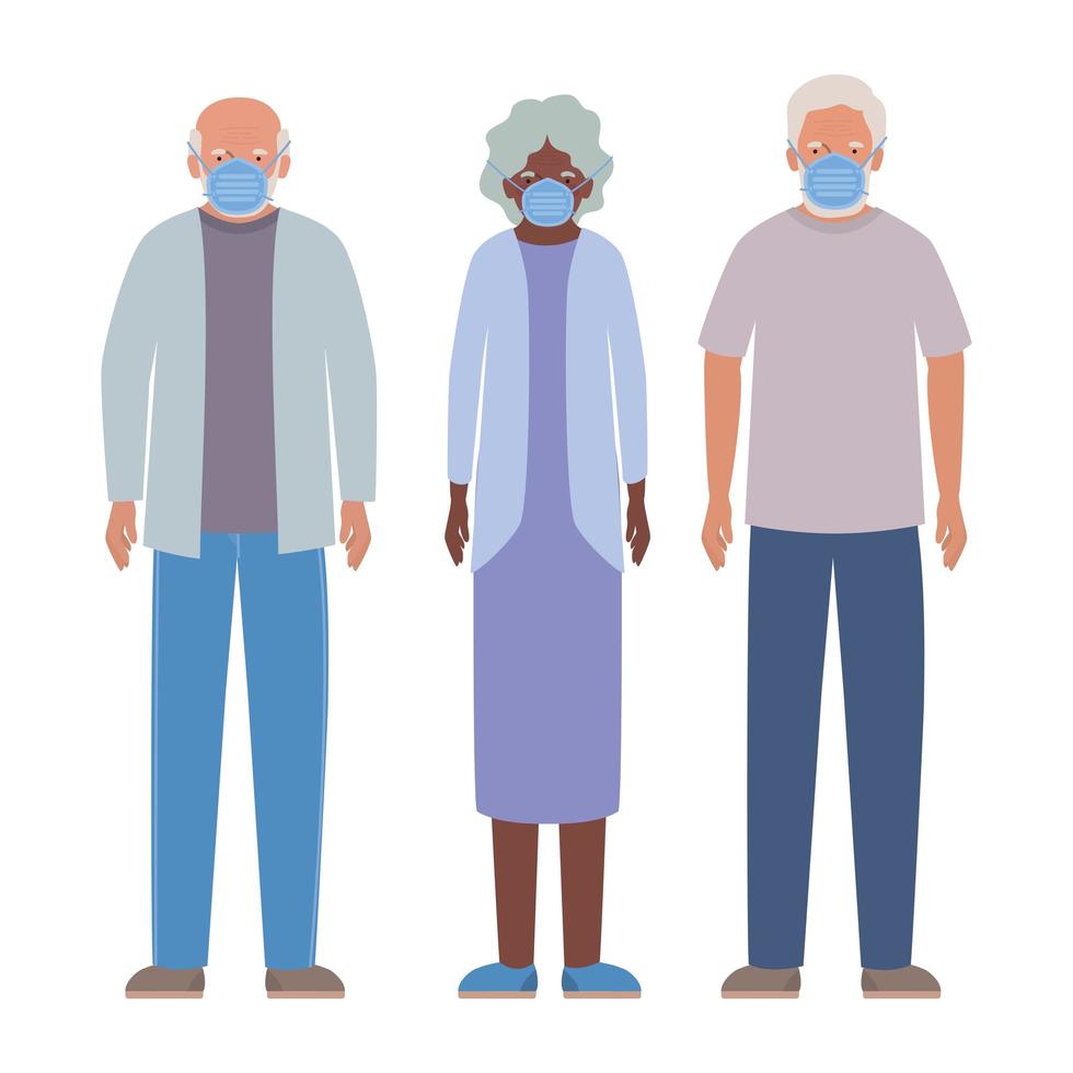 Elder men and woman with masks against Covid 19 vector design