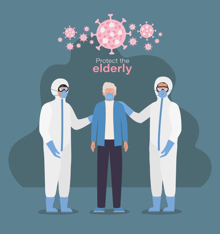 Elder man with mask and doctors with protective suits against Covid 19 design vector