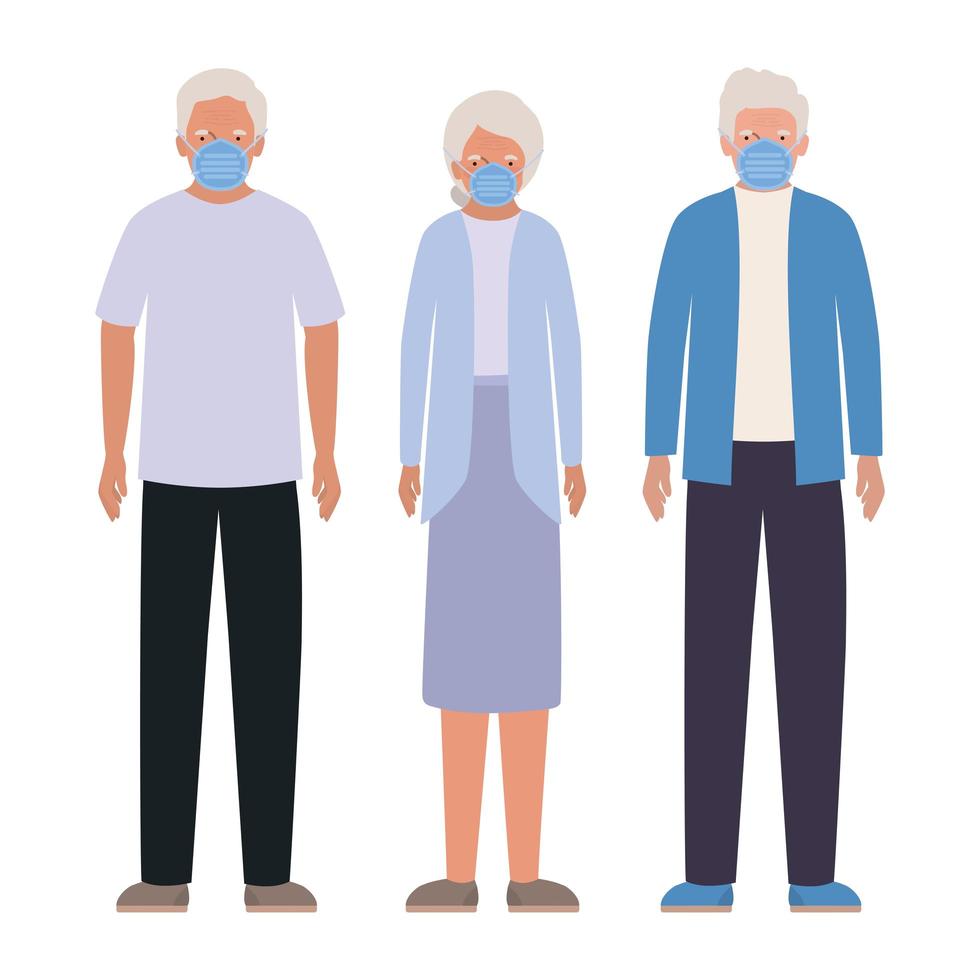 Elder men and woman with masks against Covid 19 vector design