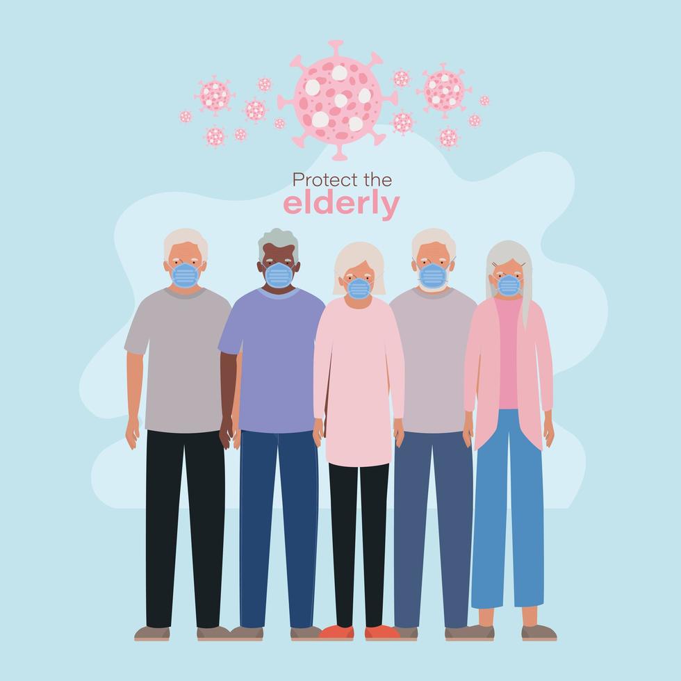 Elder women and men with masks against Covid 19 design vector