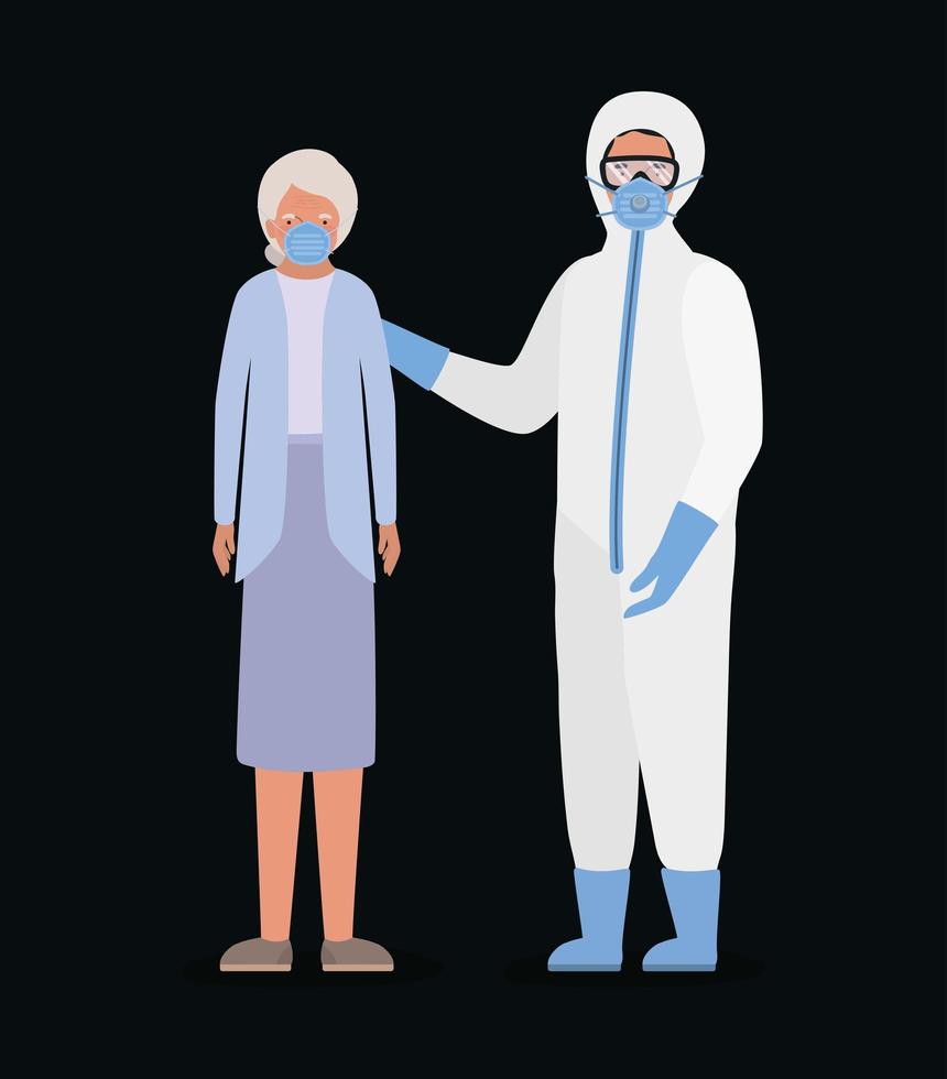 Anciana con máscara y médico con traje protector contra el diseño covid 19 vector