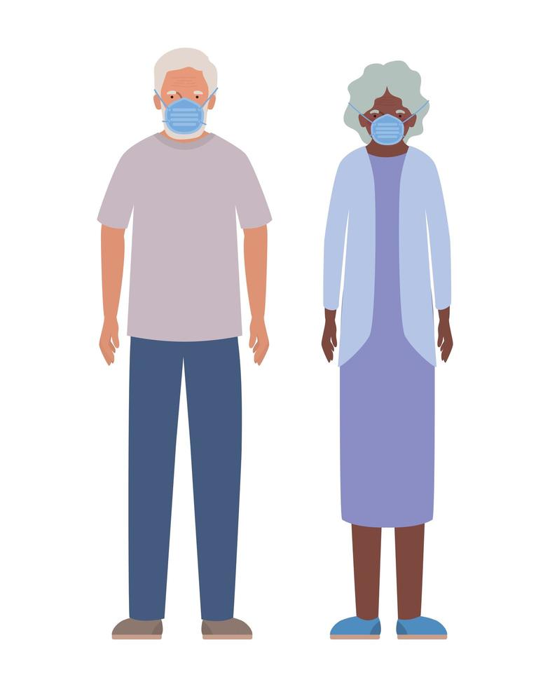 anciana y hombre con máscaras contra el diseño covid 19 vector