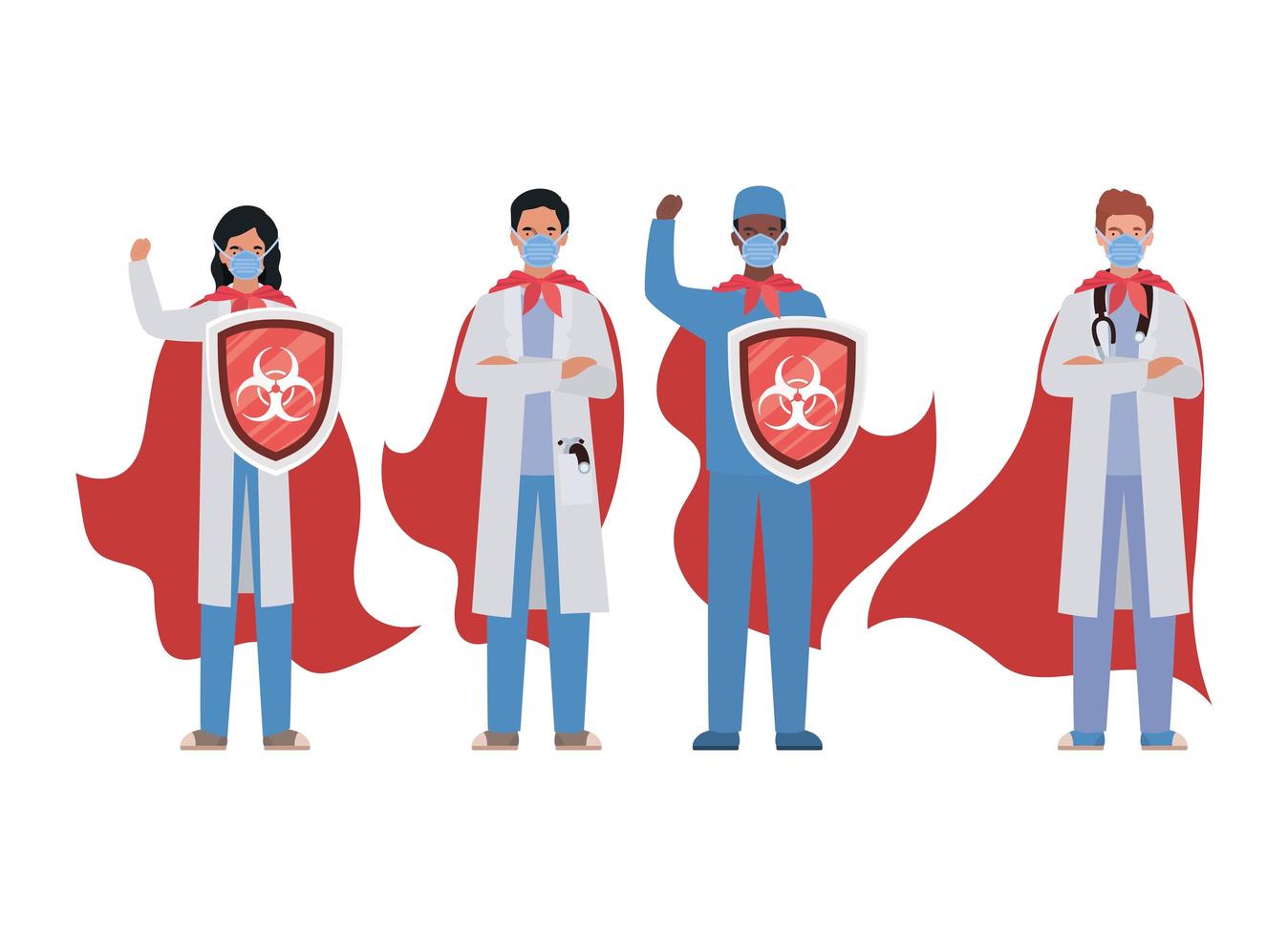 woman and men doctors heroes with capes and shields against 2019 ncov virus vector design