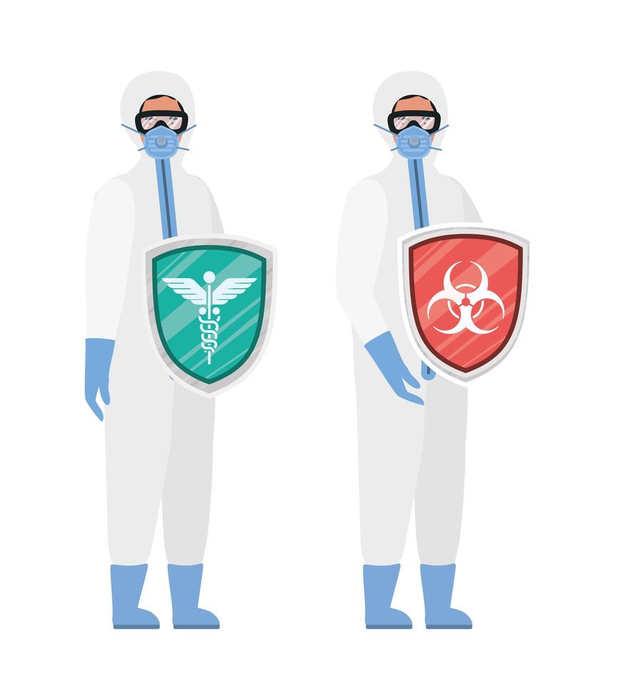 Doctors with protective suits and shields against 2019 ncov virus vector design