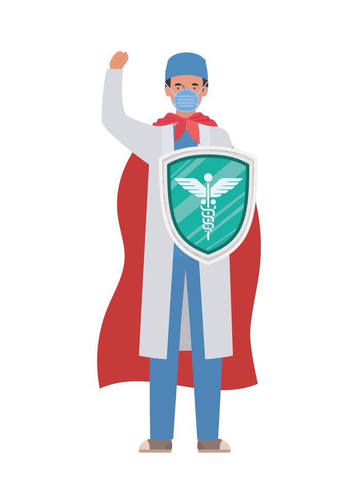 Hombre doctor héroe con capa y escudo contra el diseño vectorial del virus ncov 2019 vector