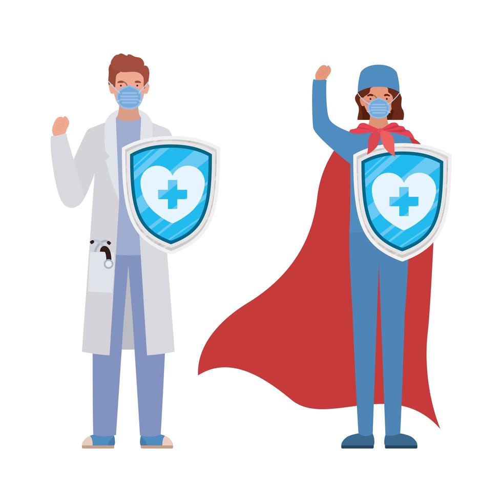 woman and man doctors heroes with cape and shields against 2019 ncov virus vector design