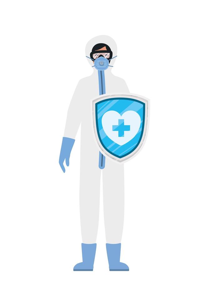 Médico con traje protector y escudo contra el diseño vectorial del virus ncov 2019 vector