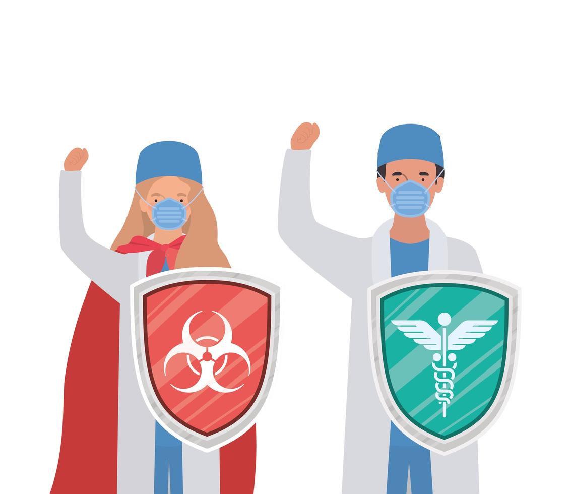 Mujer y hombre médicos héroes con capa y escudos contra el diseño vectorial del virus ncov 2019 vector