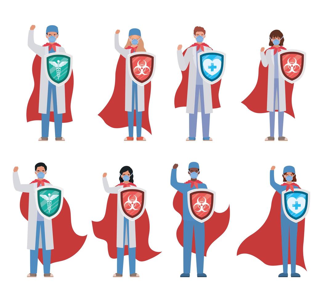 Mujeres y hombres médicos héroes con capas y escudos contra el diseño vectorial del virus ncov 2019 vector