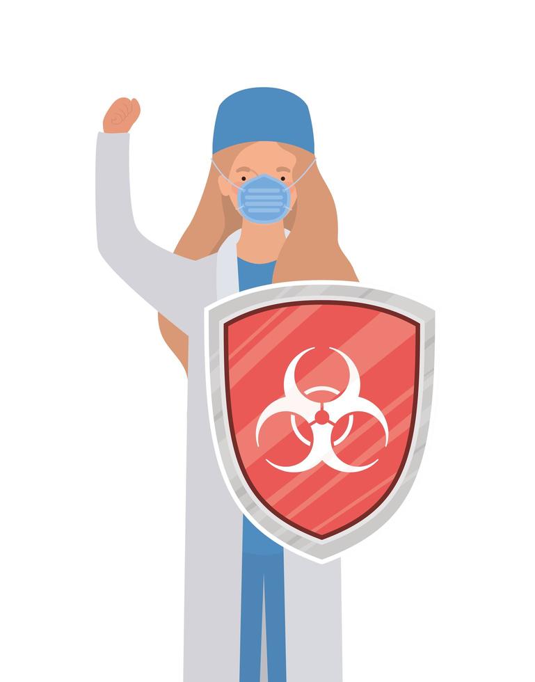 Mujer médico héroe con escudo contra el diseño de vectores de virus ncov 2019