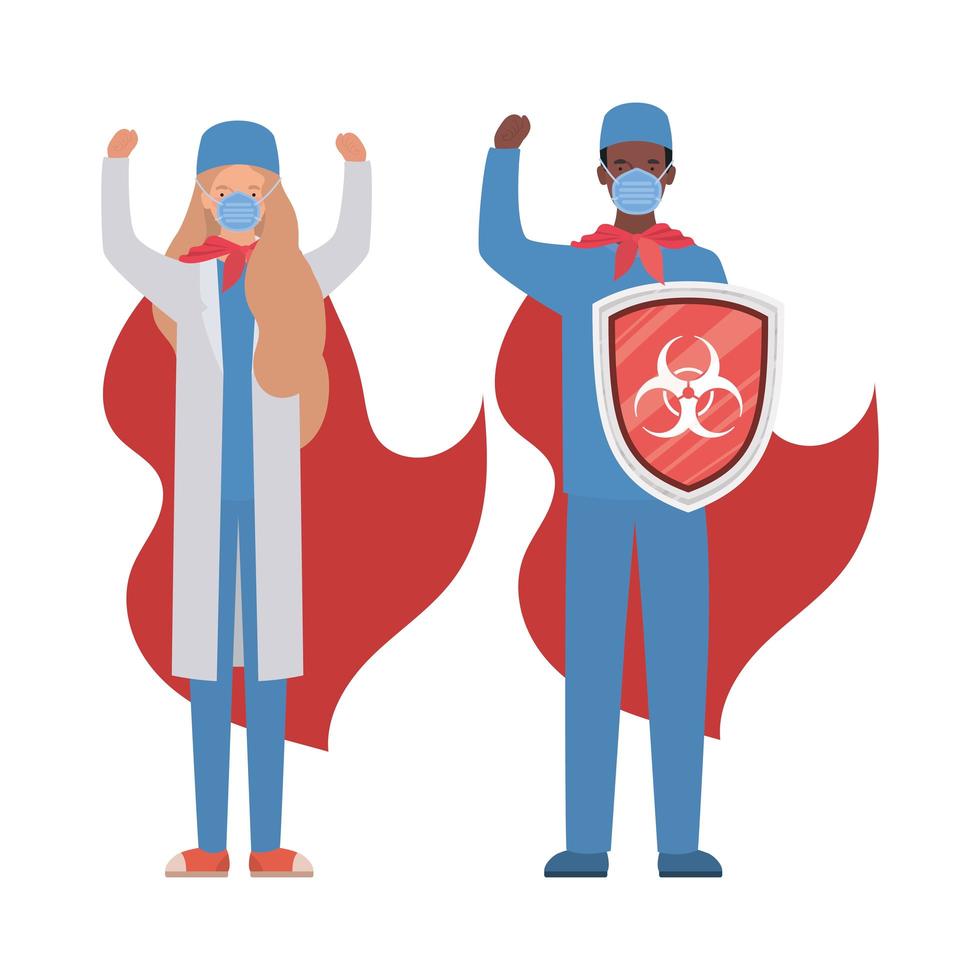 woman and man doctors heroes with capes and shield against 2019 ncov virus vector design