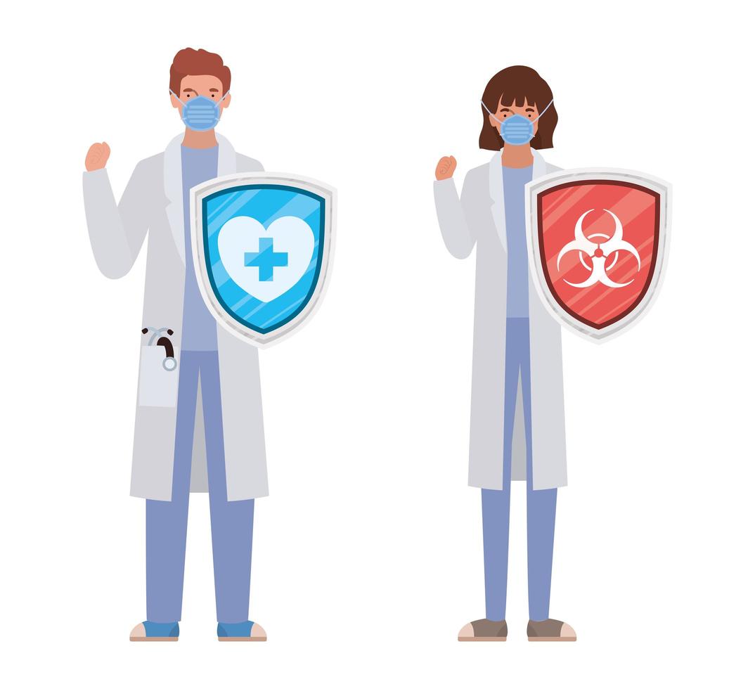 Mujer y hombre médicos héroes con escudos contra el diseño vectorial del virus ncov 2019 vector