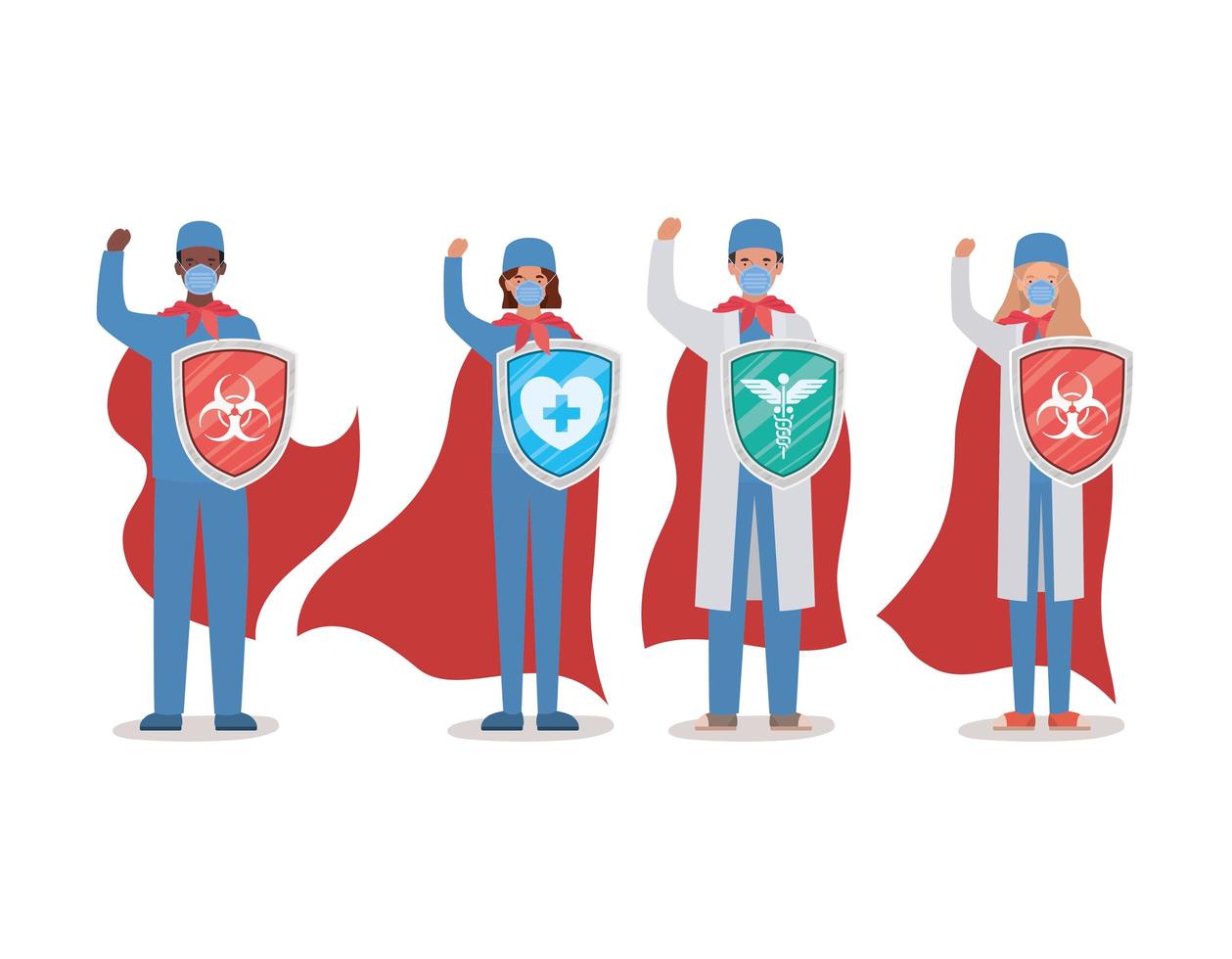 women and men doctors heroes with capes and shields against 2019 ncov virus vector design