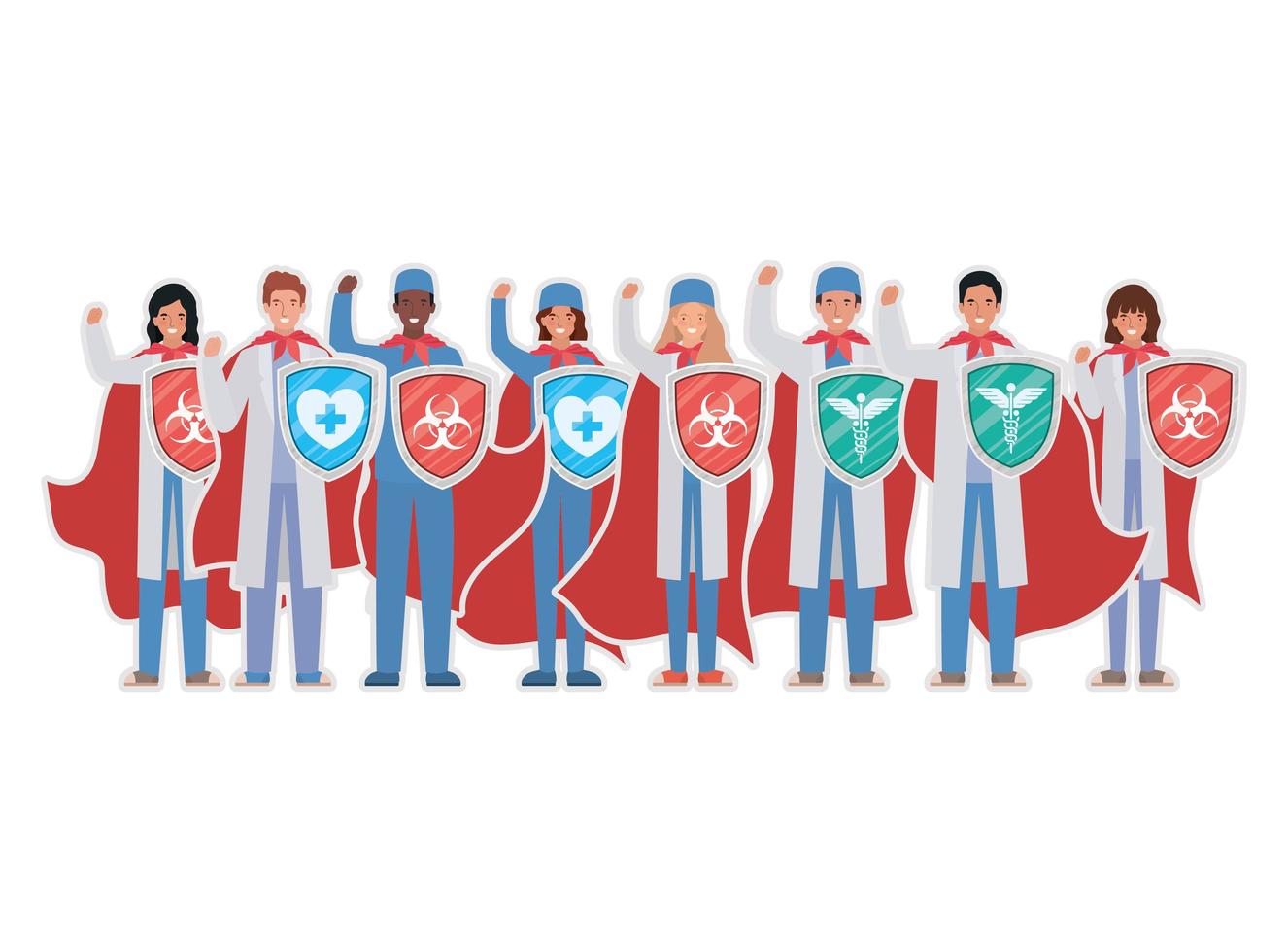 women and men doctors heroes with capes and shields against 2019 ncov virus vector design