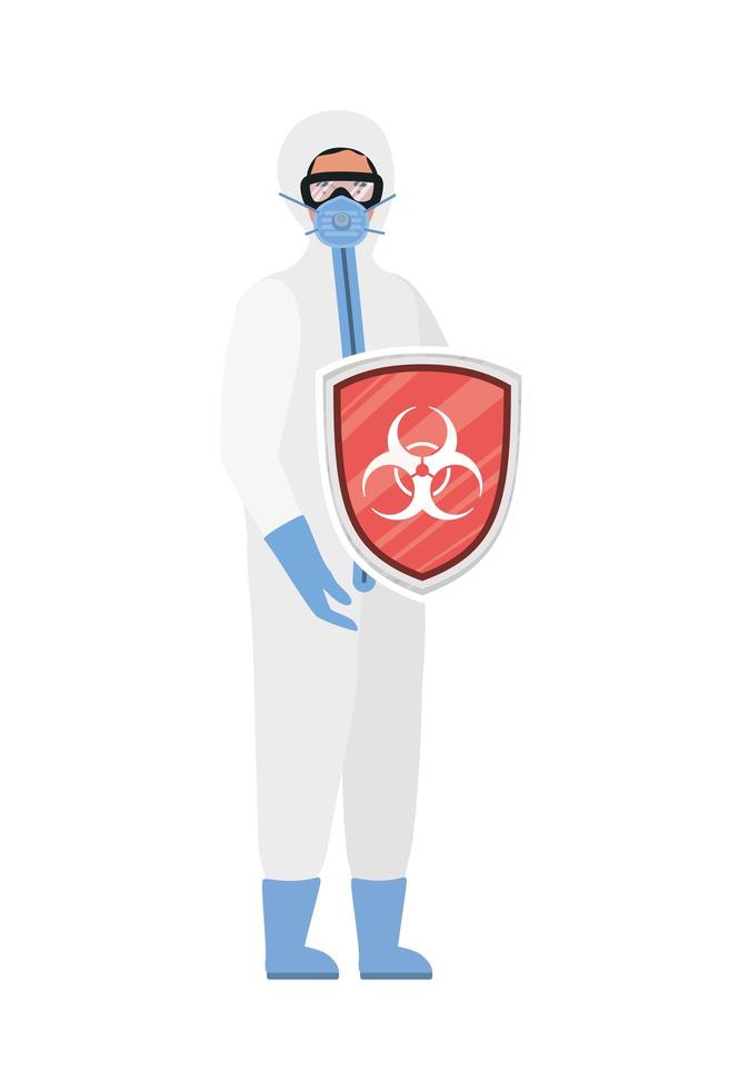 Médico con traje protector y escudo contra el diseño vectorial del virus ncov 2019 vector