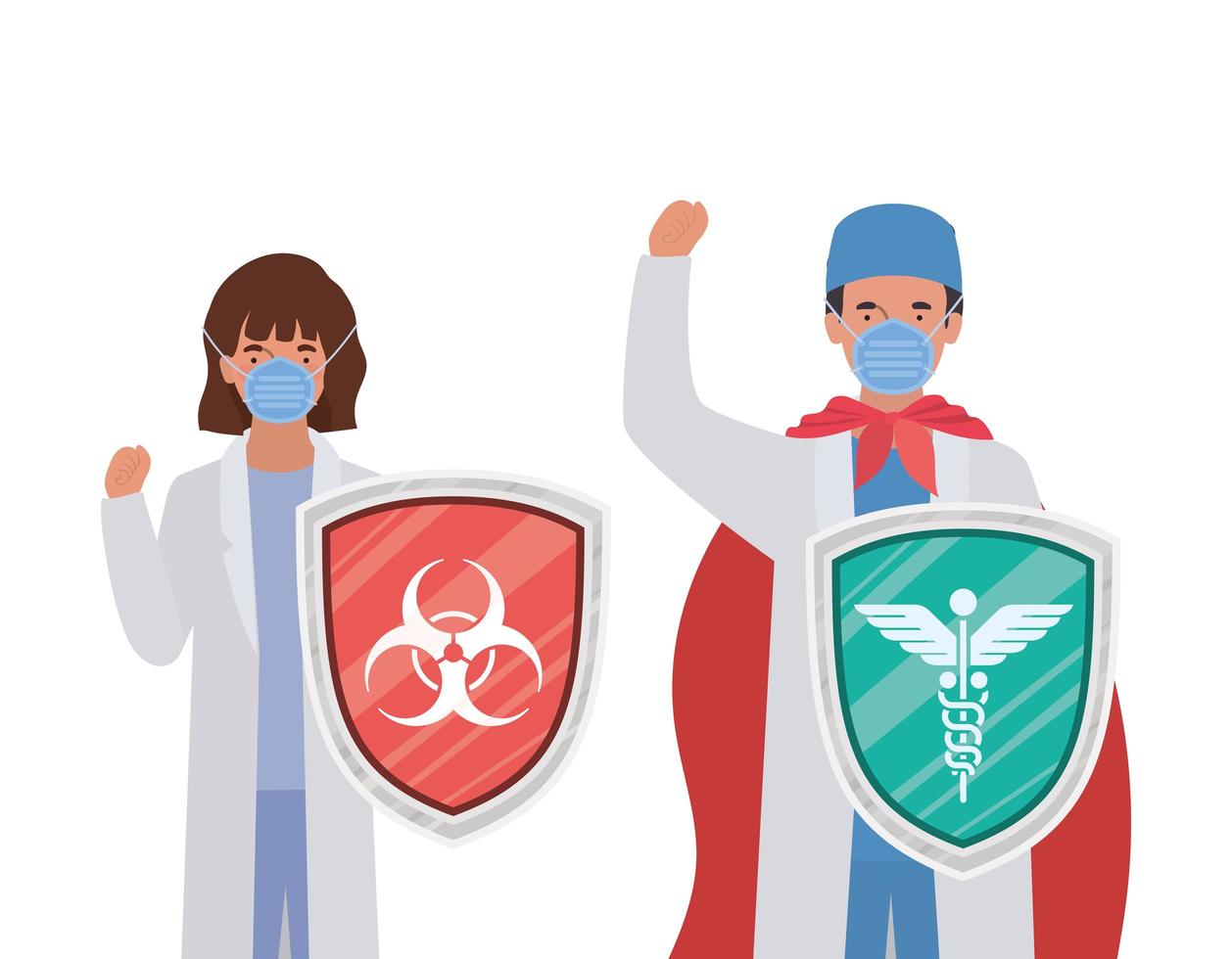 Mujer y hombre médicos héroes con capa y escudos contra el diseño vectorial del virus ncov 2019 vector