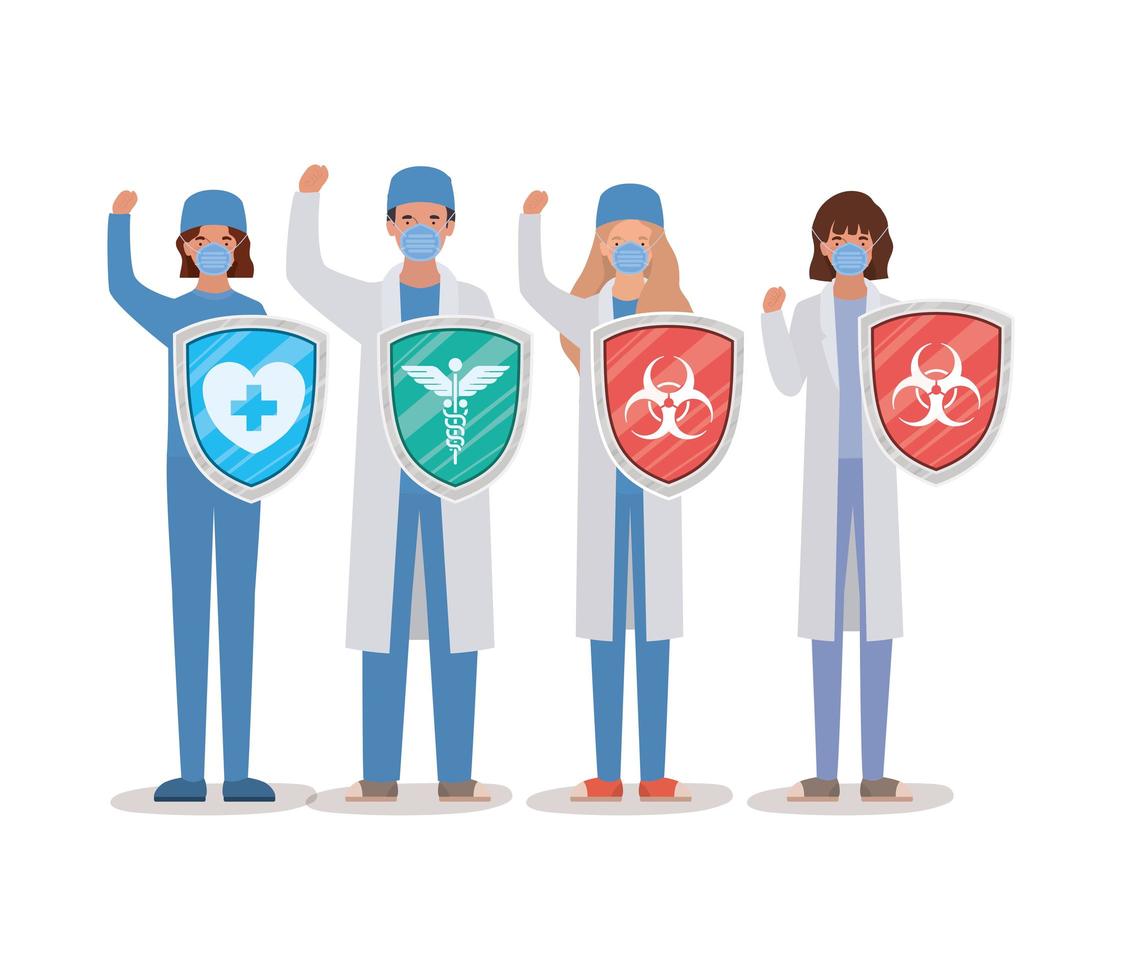 women and man doctors heroes with shields against 2019 ncov virus vector design