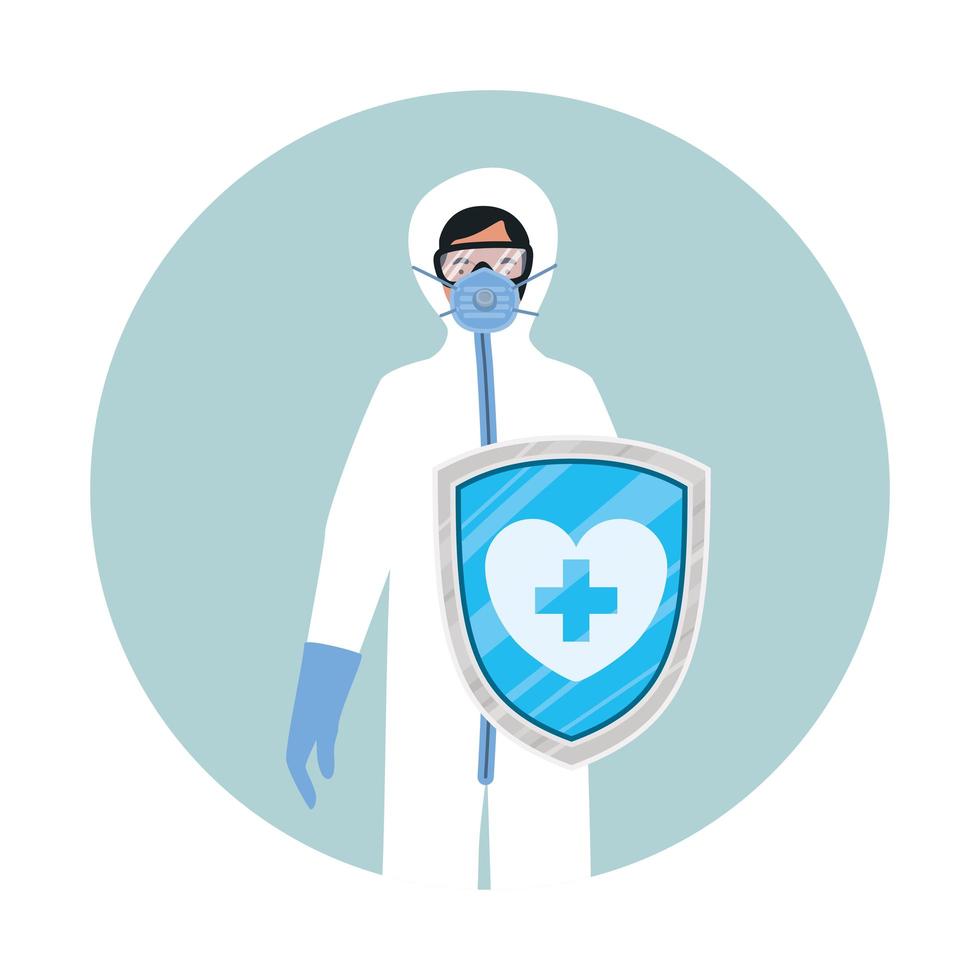 Doctor with protective suit and shield against 2019 ncov virus vector design