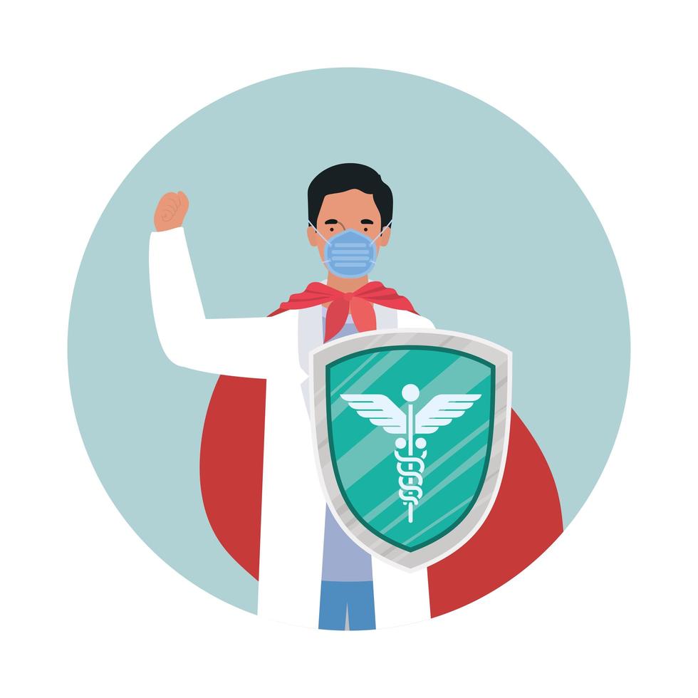 man doctor hero with cape and shield against 2019 ncov virus vector design